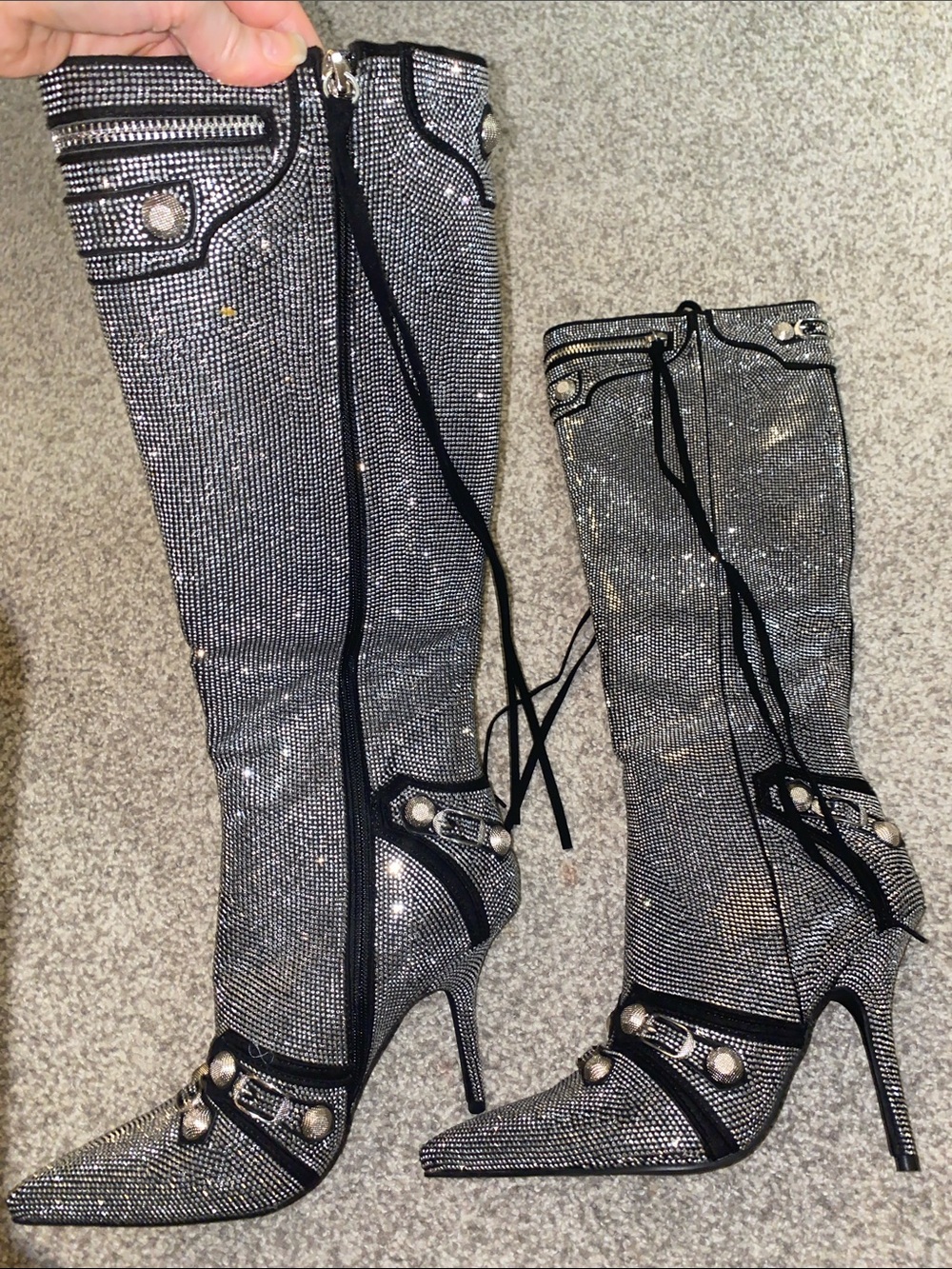 New Black suede silver rhinestone moto knee boot heels sz 5.5